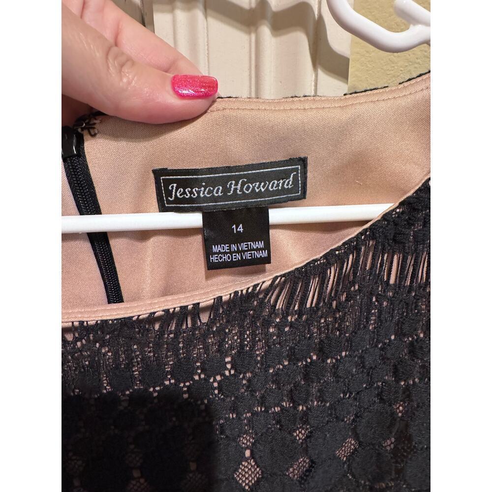 Jessica Howard Illusion Sleeve Crochet Lace Black Shift Lined Dress Sz 14 - Picture 5 of 11